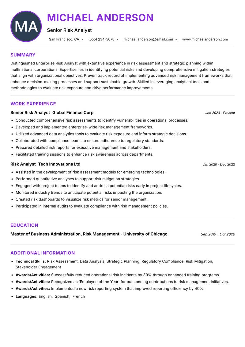 Enterprise Risk Analyst resume example — ATS-friendly template