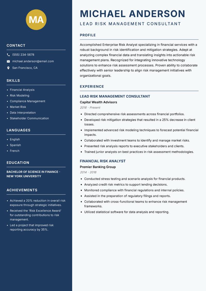 Enterprise Risk Analyst resume template — Classic Clean
