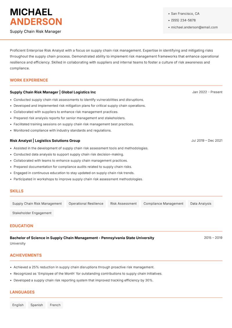 Enterprise Risk Analyst resume template — Modern Professional