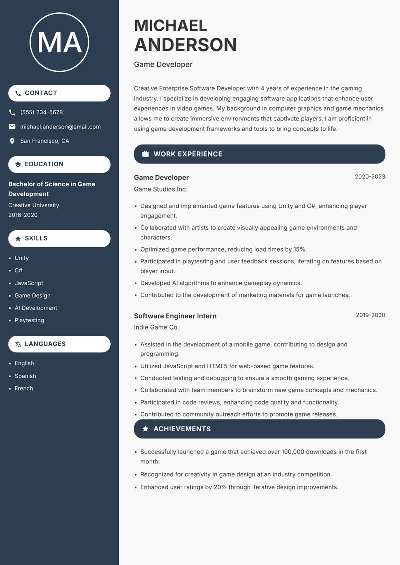 Enterprise Software Developer resume template — Compact