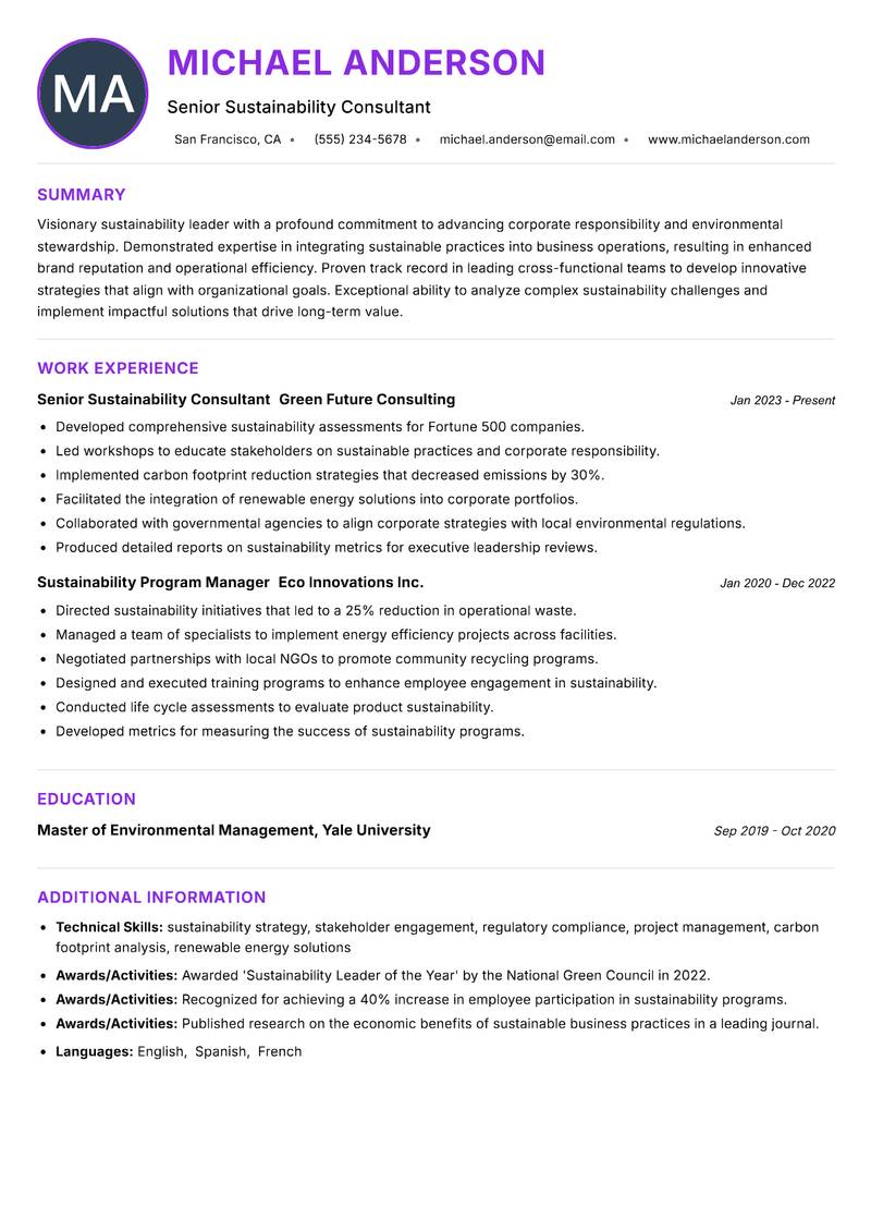 Enterprise Sustainability Lead resume example — ATS-friendly template