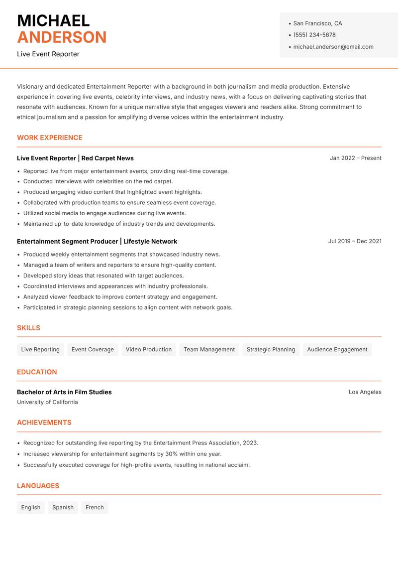 Entertainment Reporter resume template — Modern Professional