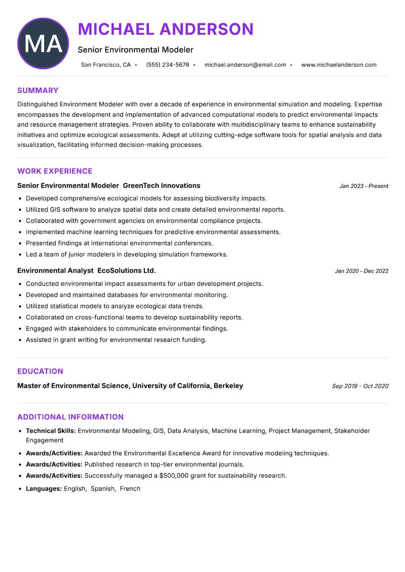 Environment Modeler resume example — ATS-friendly template