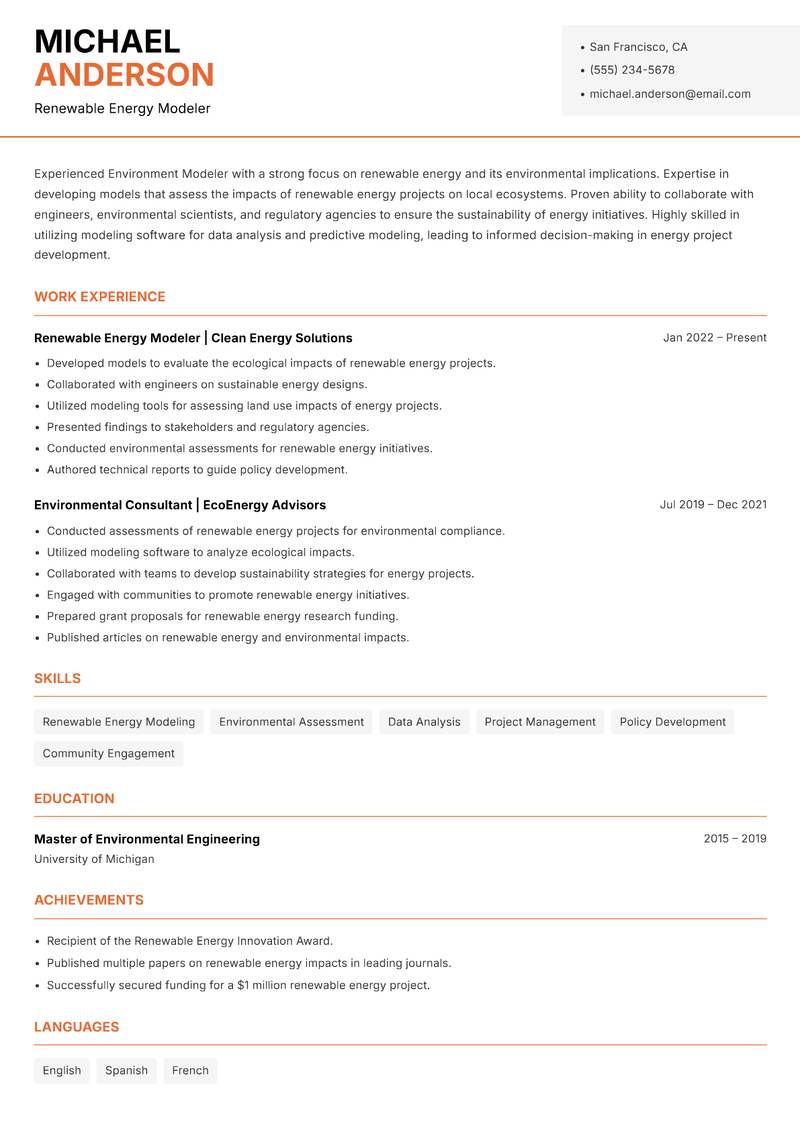 Environment Modeler resume template — Modern Professional