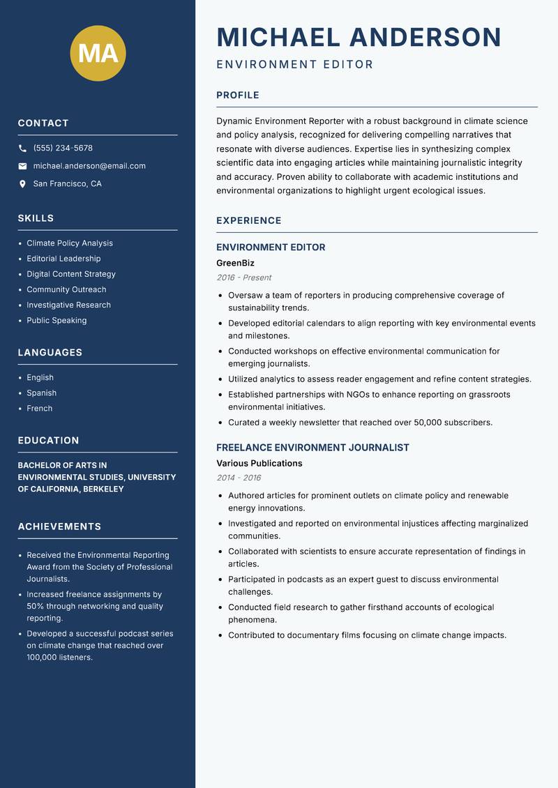 Environment Reporter resume template — Classic Clean