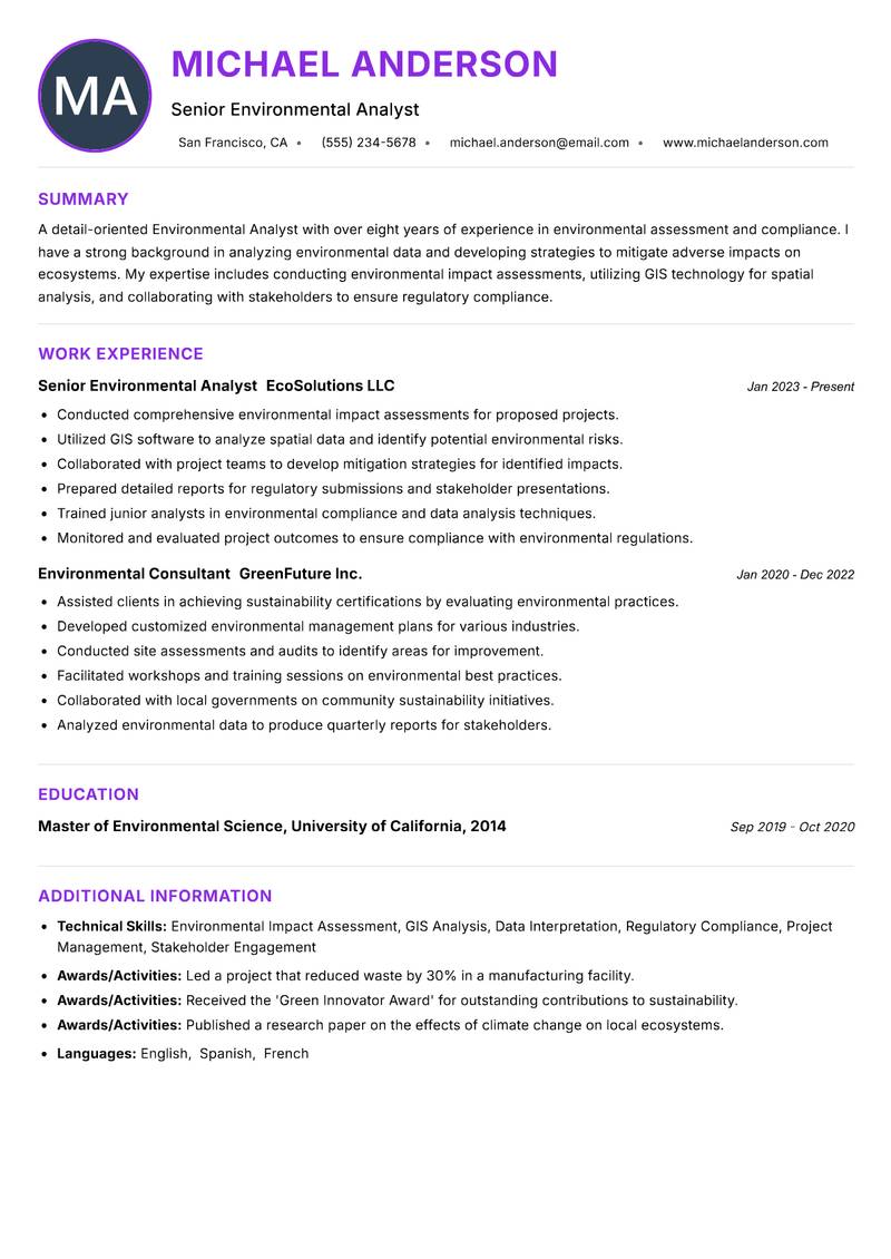 Environmental Analyst resume example — ATS-friendly template