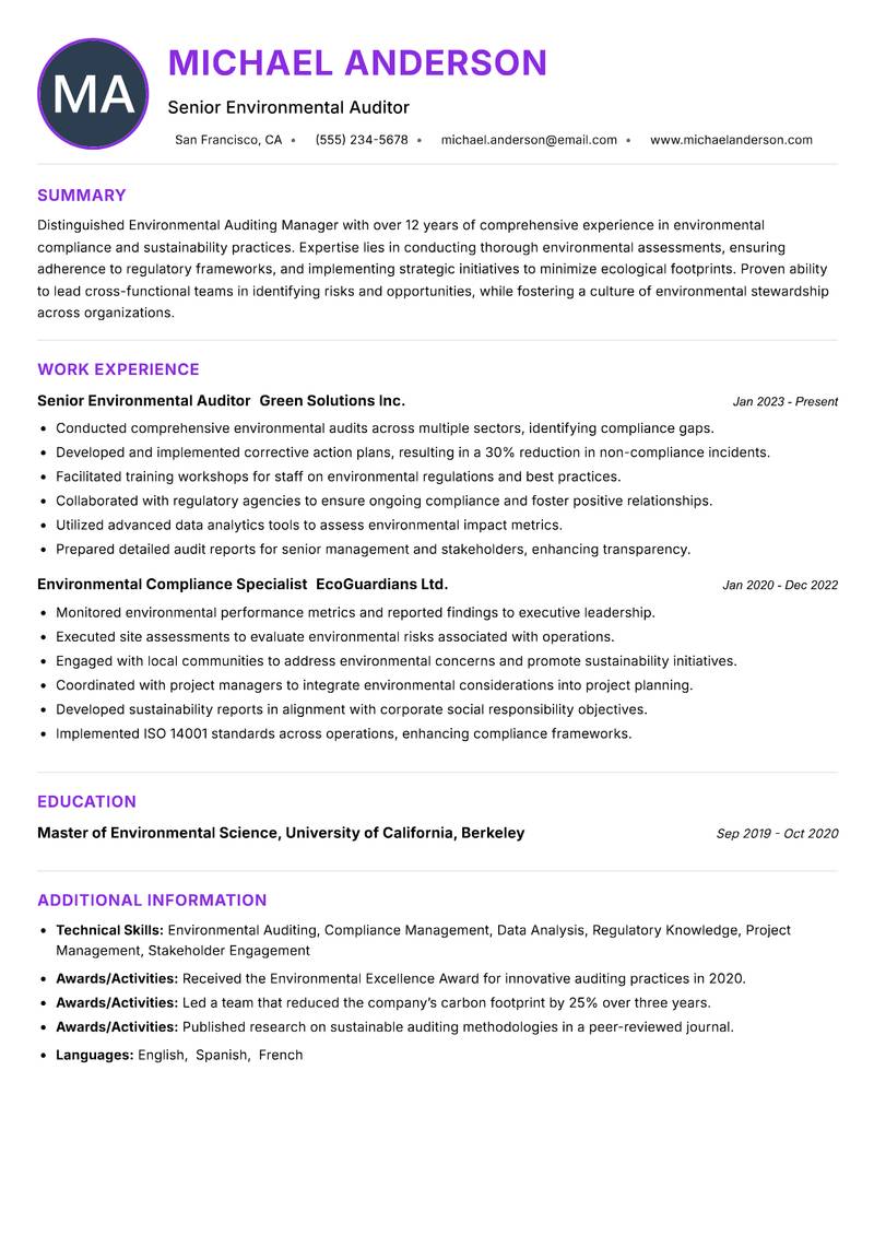 Environmental Auditing Manager resume example — ATS-friendly template