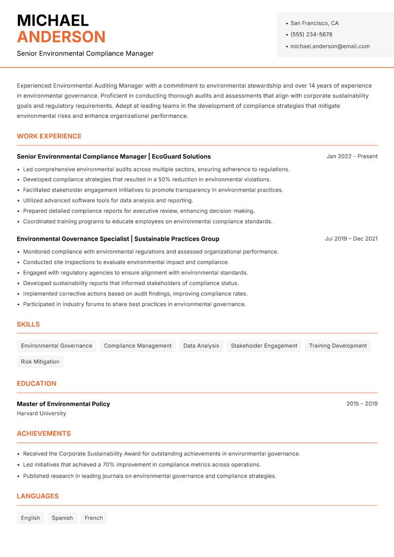 Environmental Auditing Manager resume template — Modern Professional