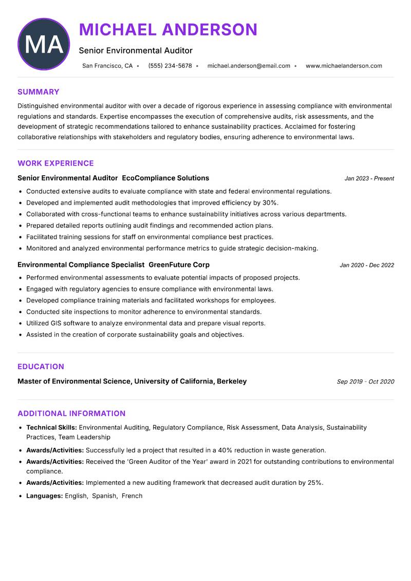 Environmental Auditor resume example — ATS-friendly template