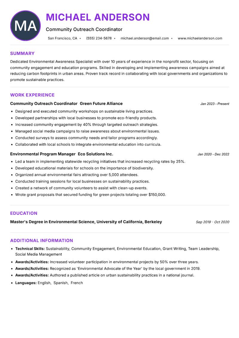 Environmental Awareness Specialist resume example — ATS-friendly template