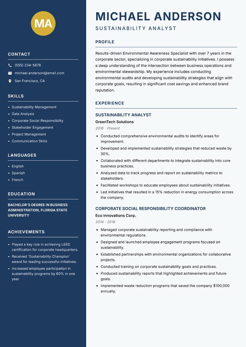 Environmental Awareness Specialist resume template — Classic Clean
