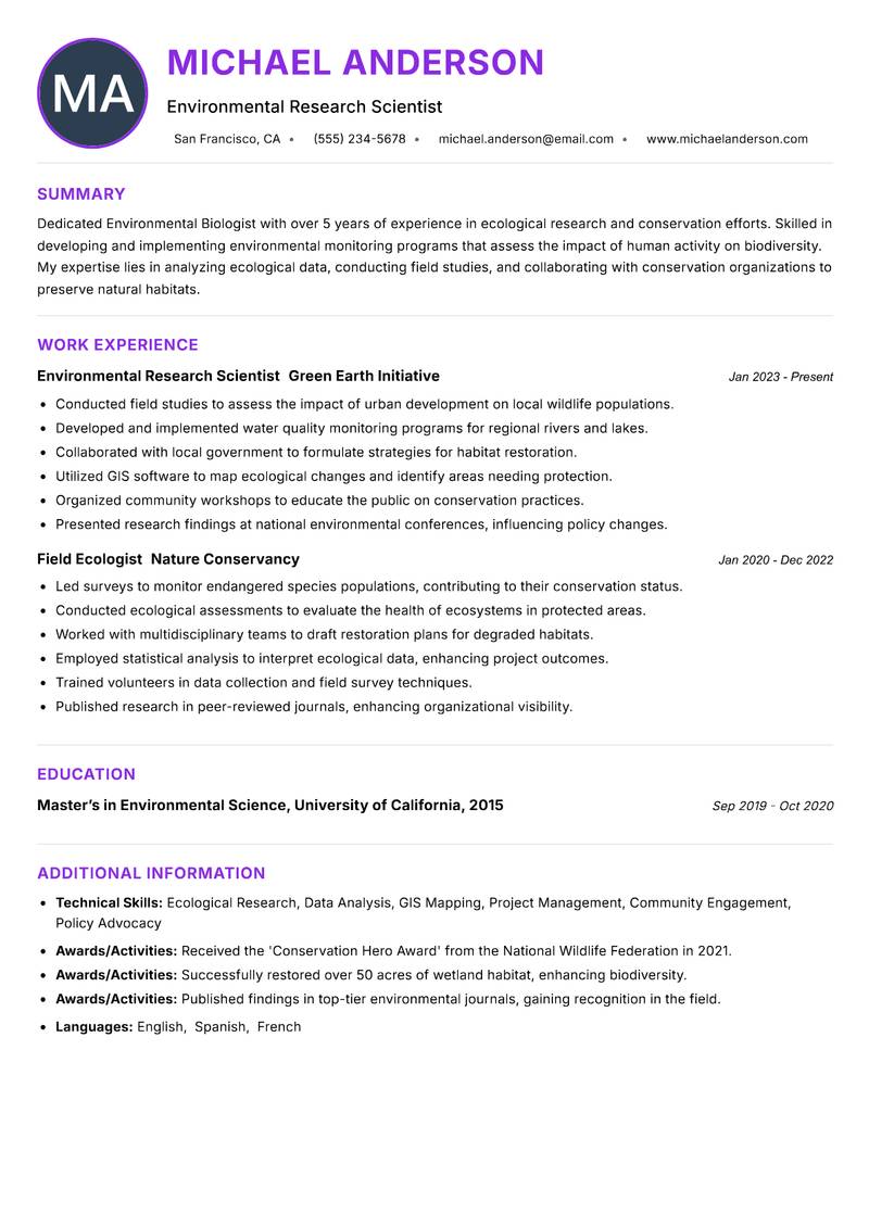 Environmental Biologist resume example — ATS-friendly template