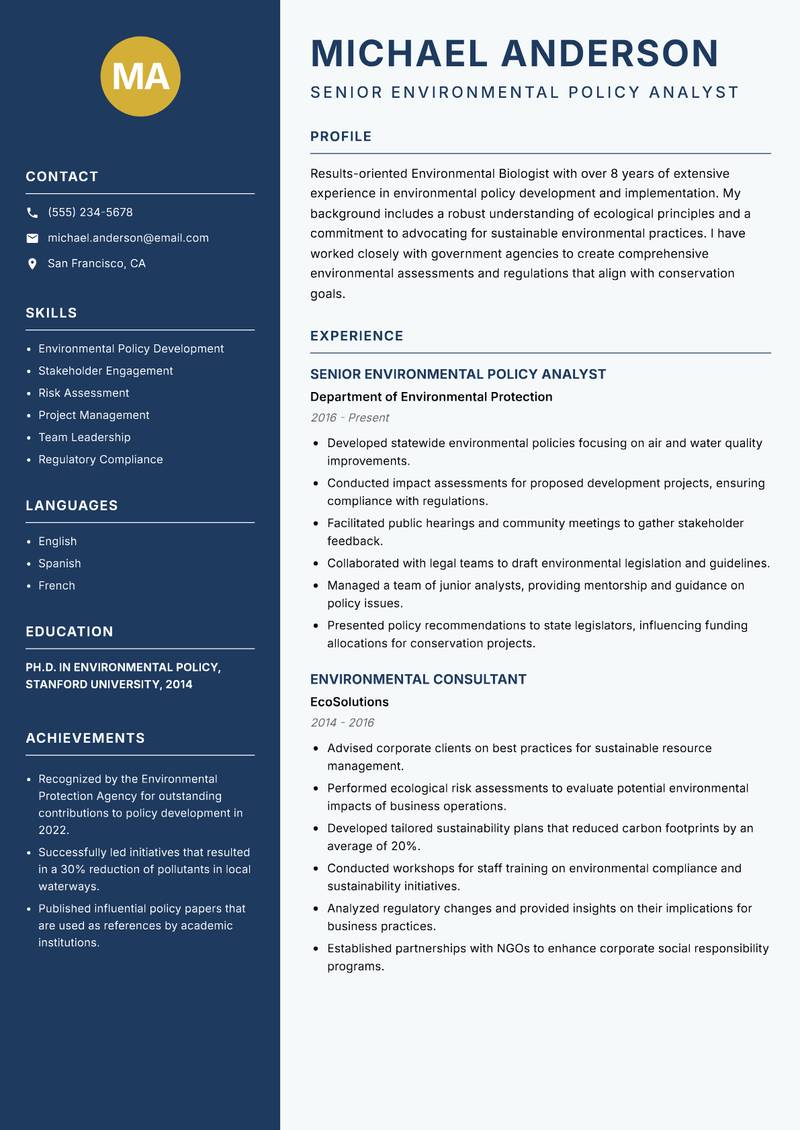 Environmental Biologist resume template — Classic Clean