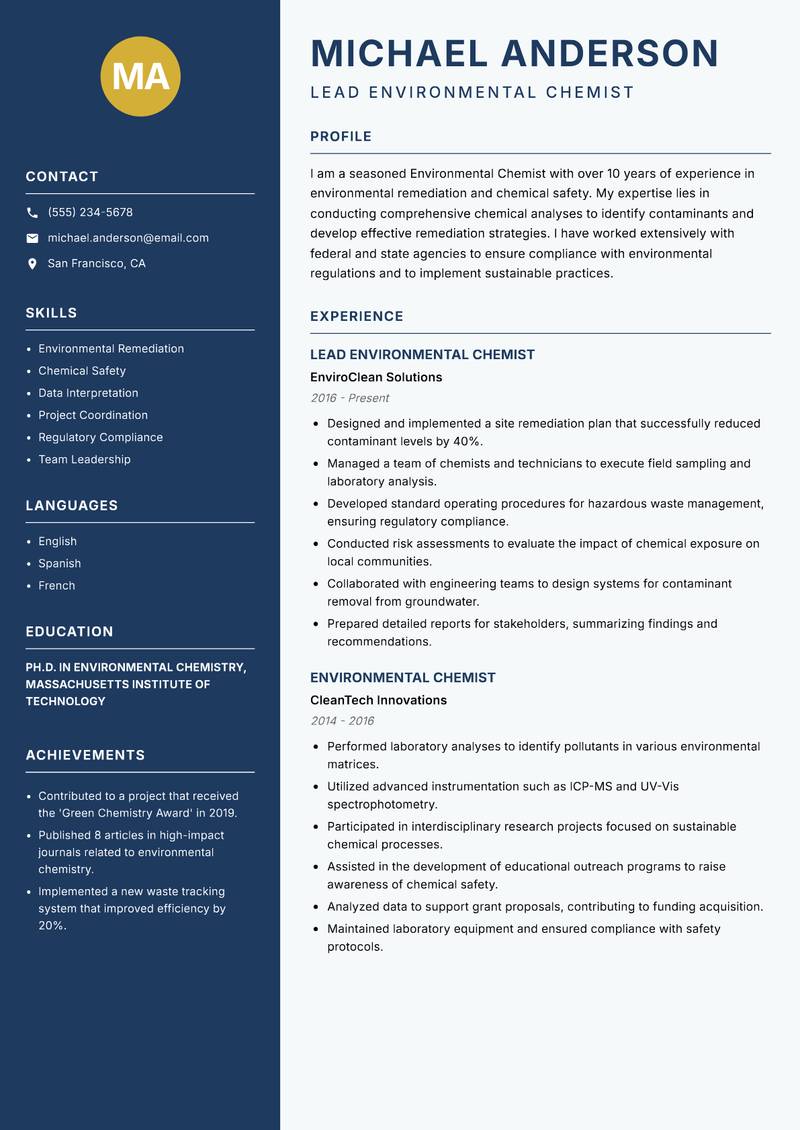 Environmental Chemist resume template — Classic Clean