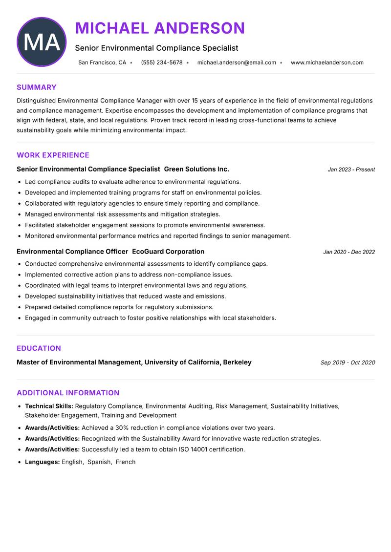 Environmental Compliance Manager resume example — ATS-friendly template