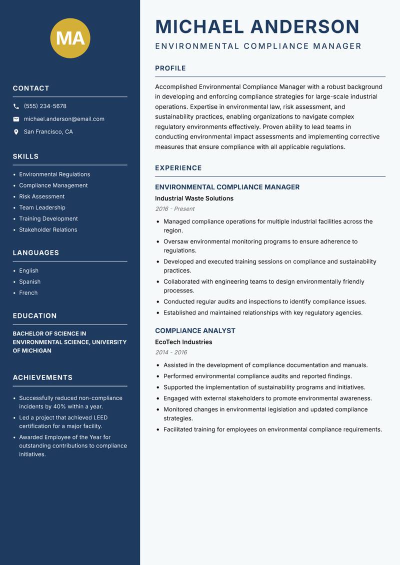 Environmental Compliance Manager resume template — Classic Clean