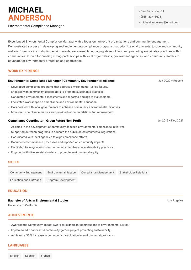 Environmental Compliance Manager resume template — Modern Professional