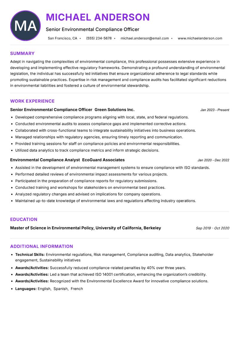 Environmental Compliance Officer resume example — ATS-friendly template