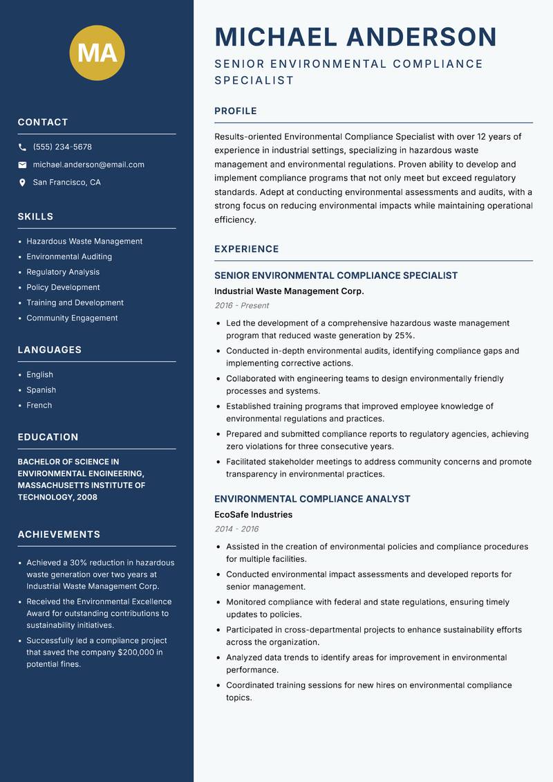 Environmental Compliance Specialist resume template — Classic Clean