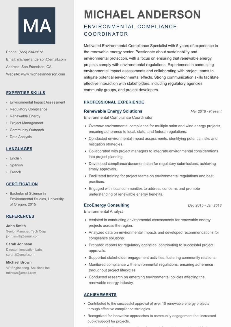 Environmental Compliance Specialist resume template — Creative Minimal