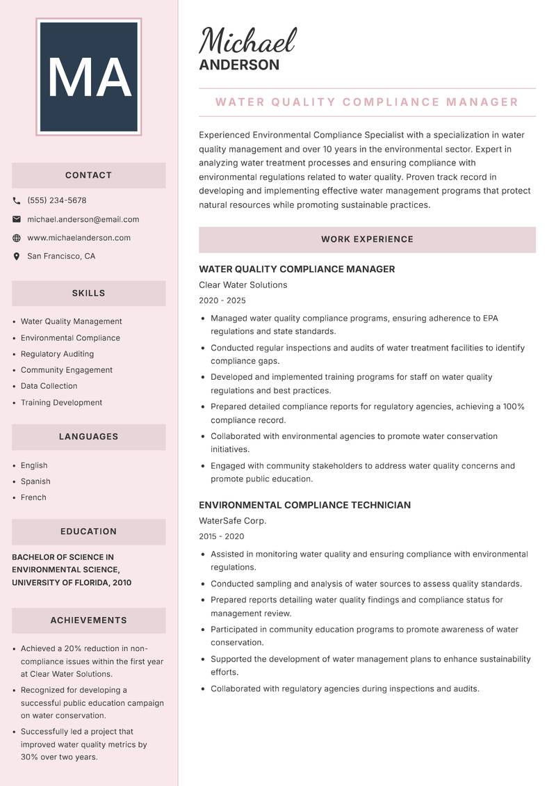 Environmental Compliance Specialist resume template — Executive