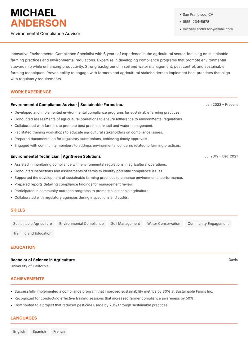 Environmental Compliance Specialist resume template — Modern Professional