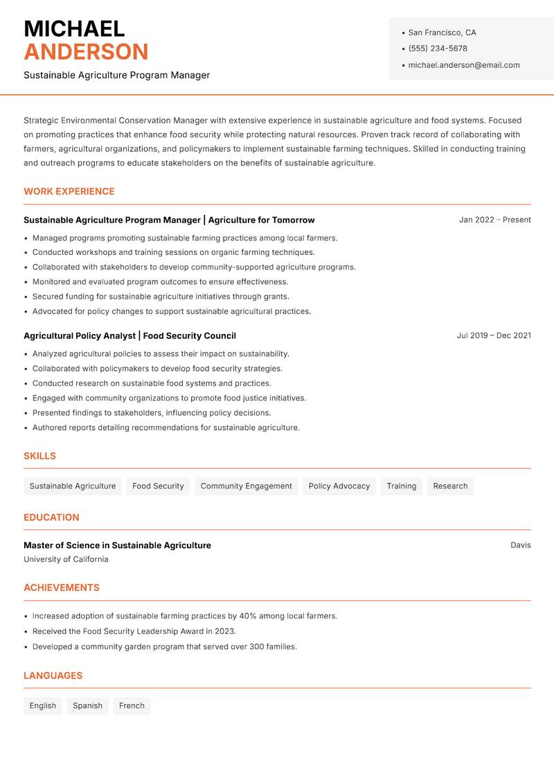 Environmental Conservation Manager resume template — Modern Professional