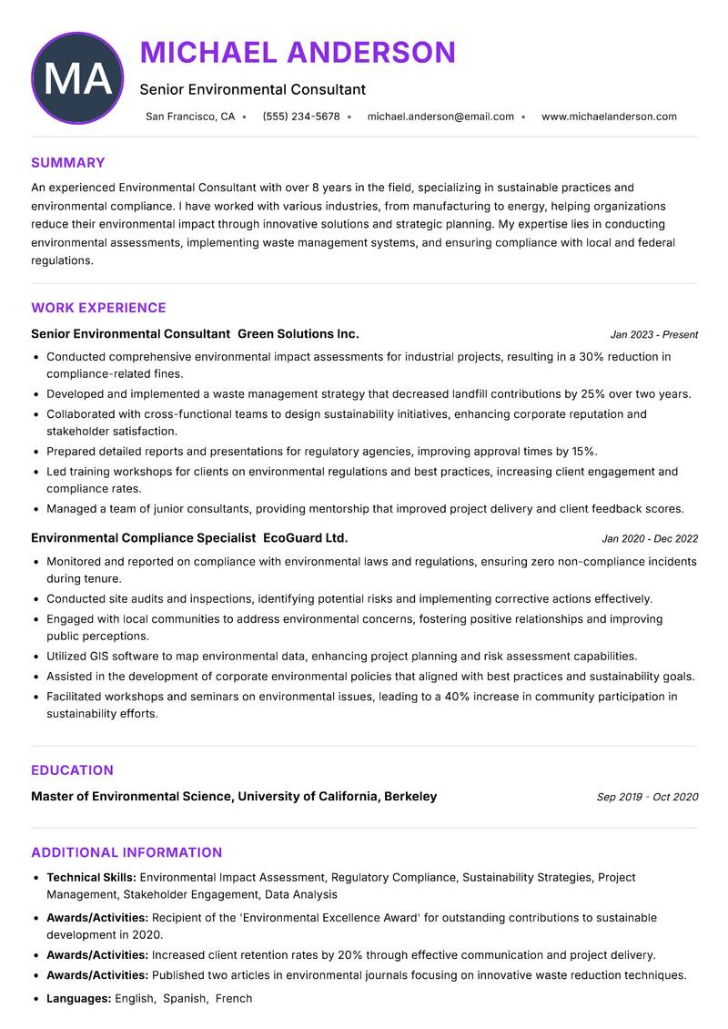 Environmental Consultant resume example — ATS-friendly template
