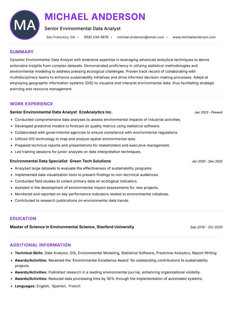 Environmental Data Analyst resume example — ATS-friendly template