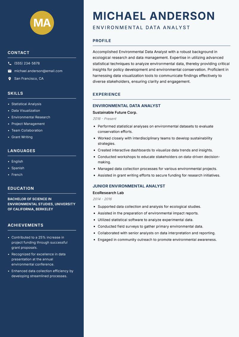 Environmental Data Analyst resume template — Classic Clean