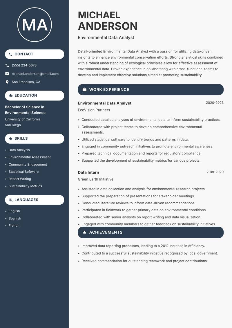 Environmental Data Analyst resume template — Compact