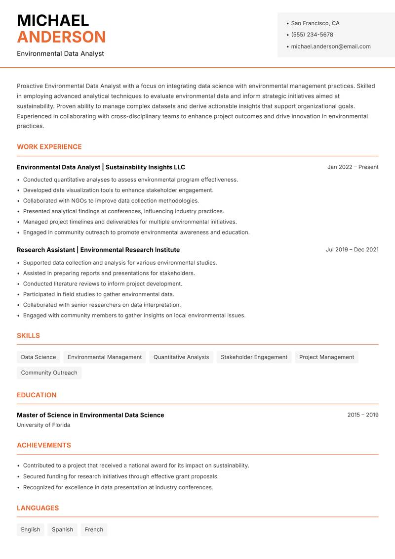 Environmental Data Analyst resume template — Modern Professional