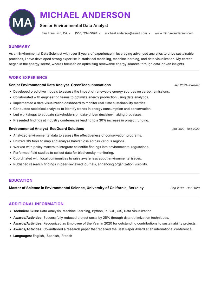 Environmental Data Scientist resume example — ATS-friendly template
