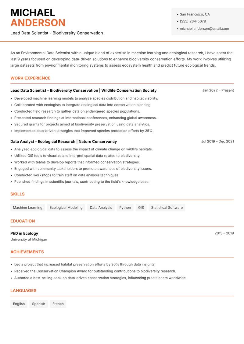 Environmental Data Scientist resume template — Modern Professional