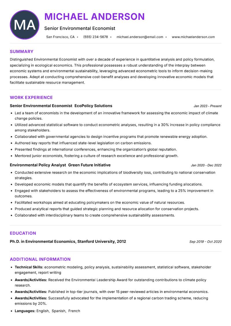Environmental Economist resume example — ATS-friendly template