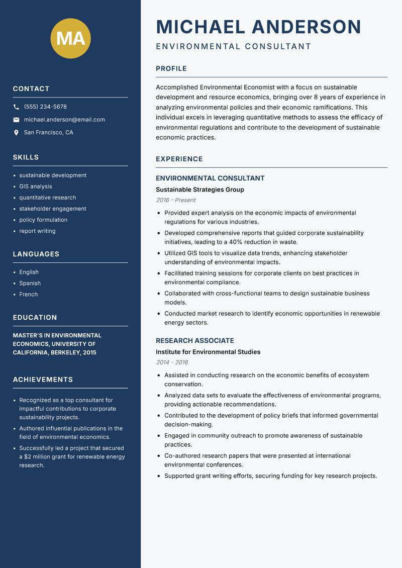 Environmental Economist resume template — Classic Clean