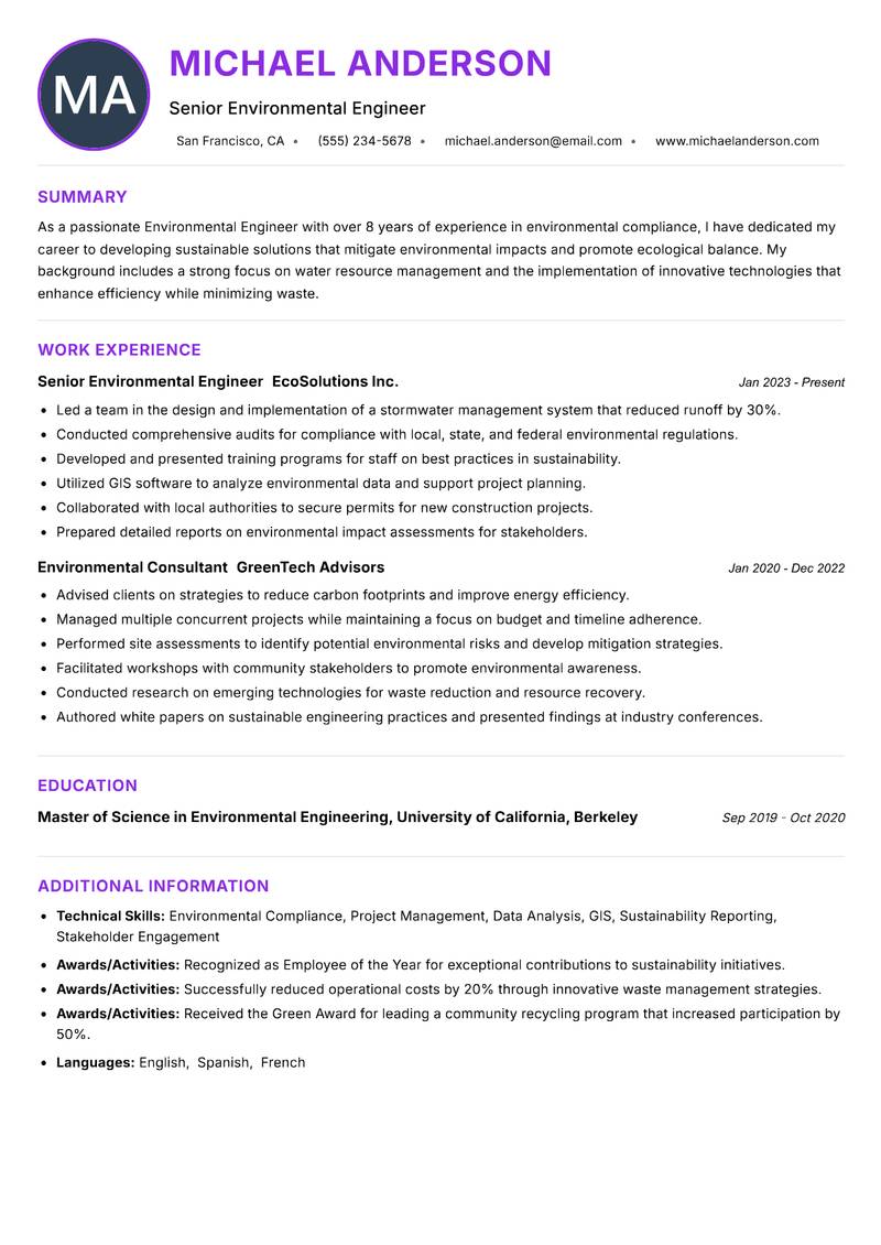 Environmental Engineer resume example — ATS-friendly template