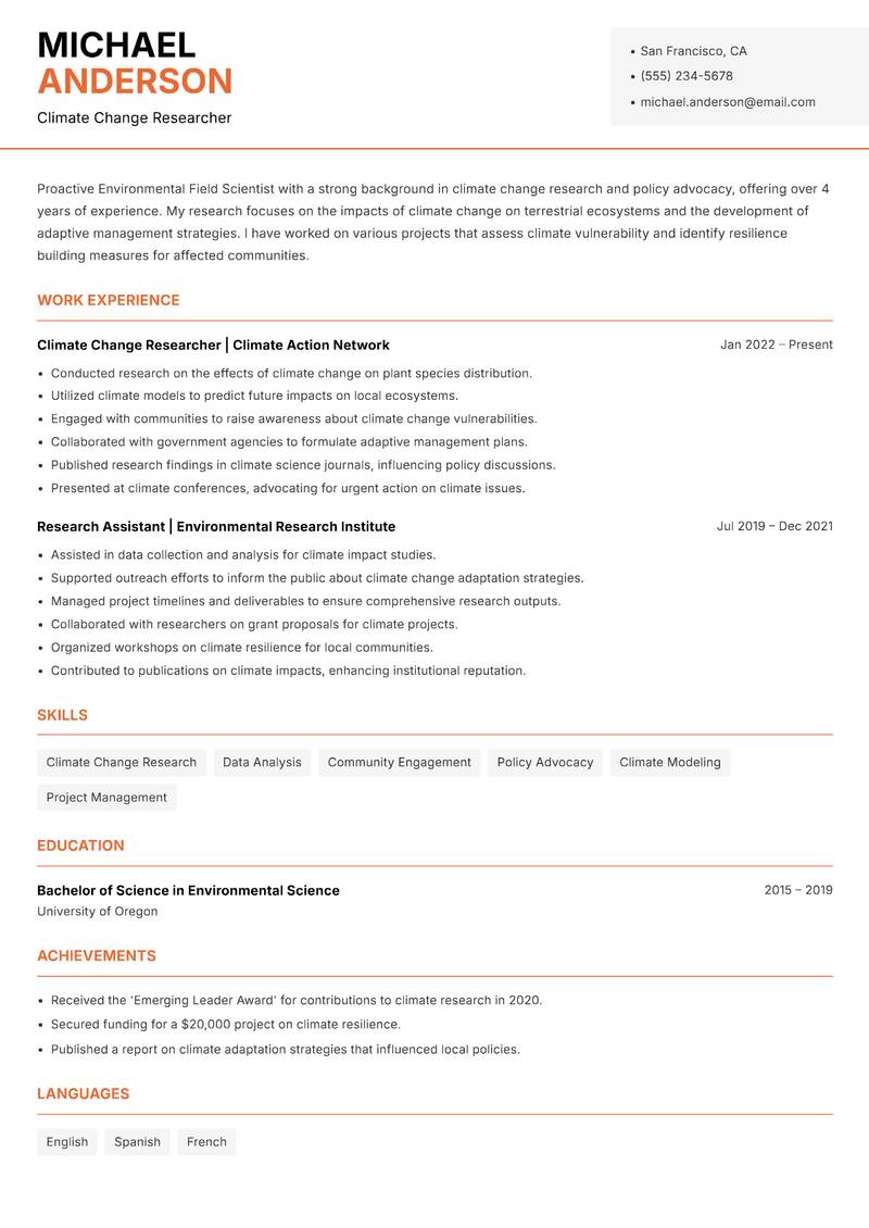 Environmental Field Scientist resume template — Modern Professional