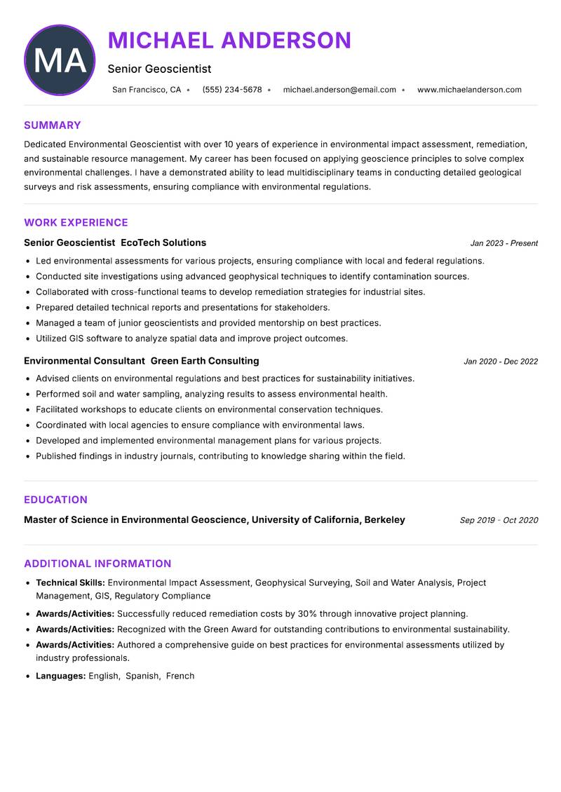 Environmental Geoscientist resume example — ATS-friendly template