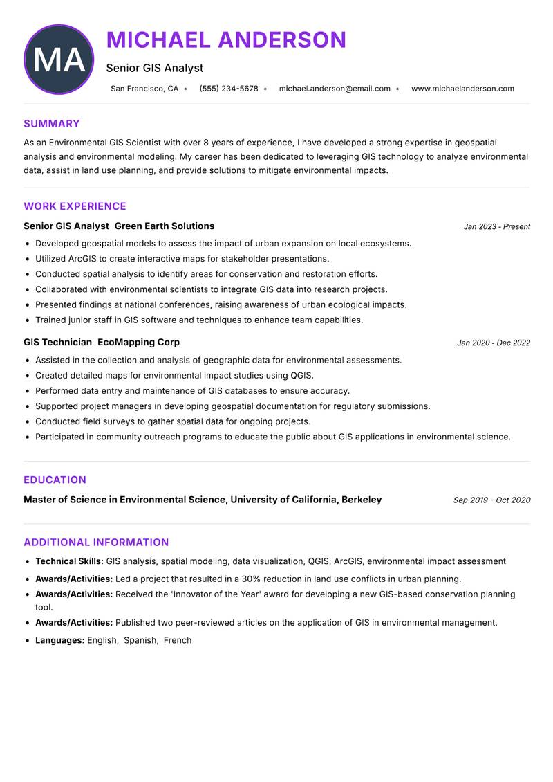 Environmental GIS Scientist resume example — ATS-friendly template