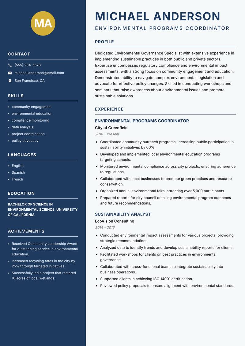 Environmental Governance Specialist resume template — Classic Clean