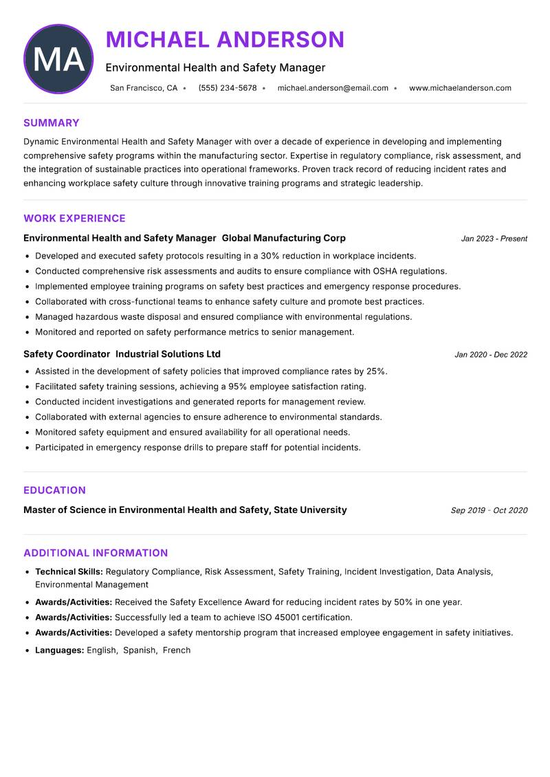Environmental Health and Safety Manager resume example — ATS-friendly template