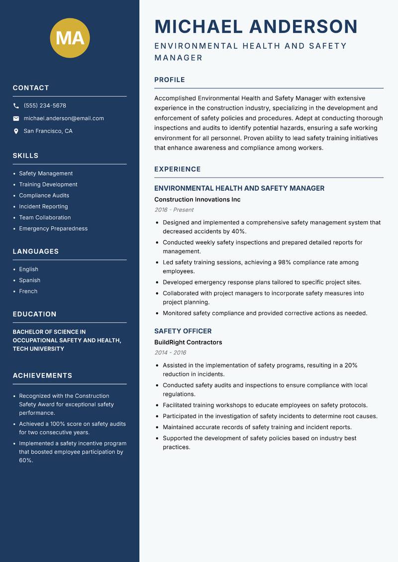 Environmental Health and Safety Manager resume template — Classic Clean