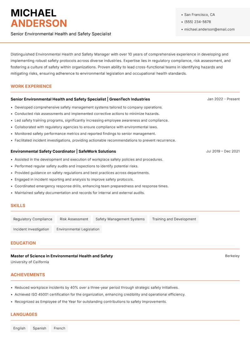 Environmental Health and Safety Manager resume template — Modern Professional