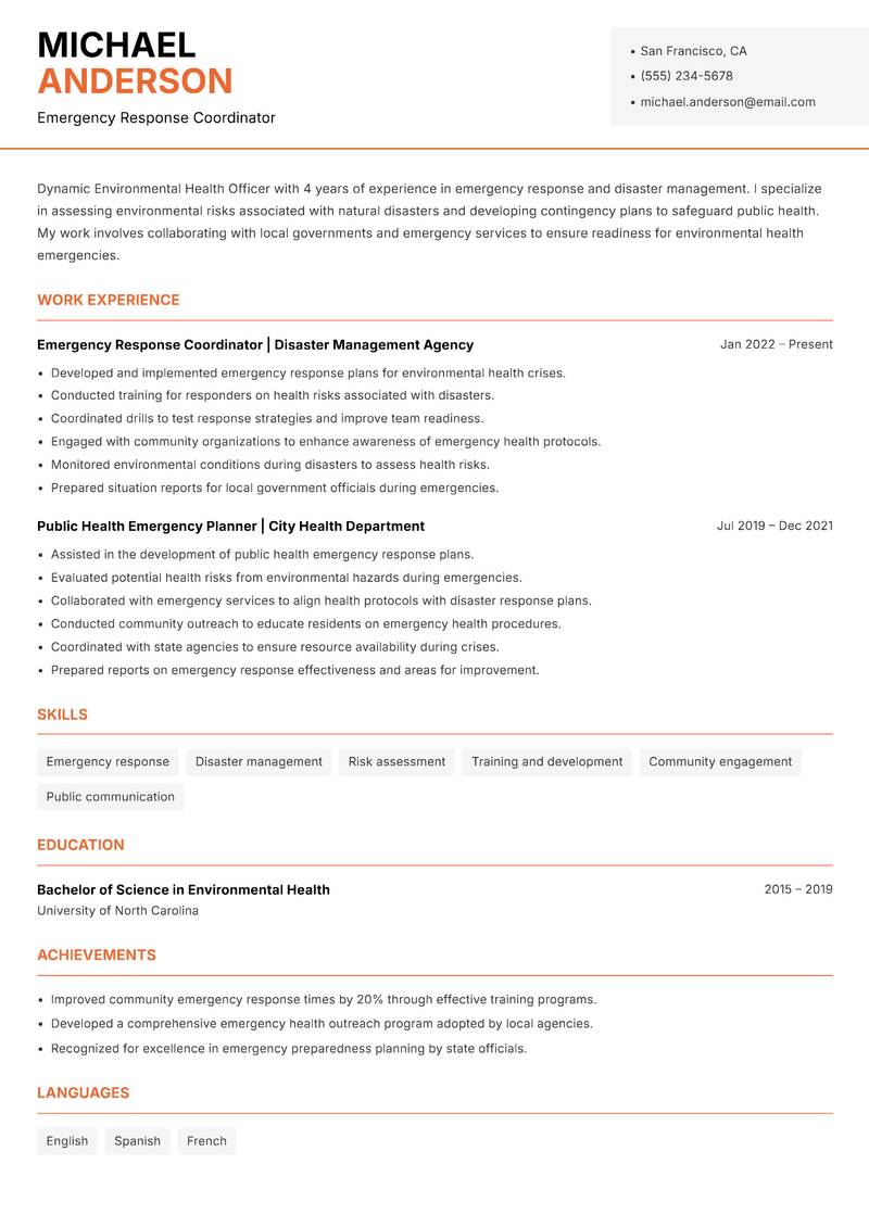 Environmental Health Officer resume template — Modern Professional