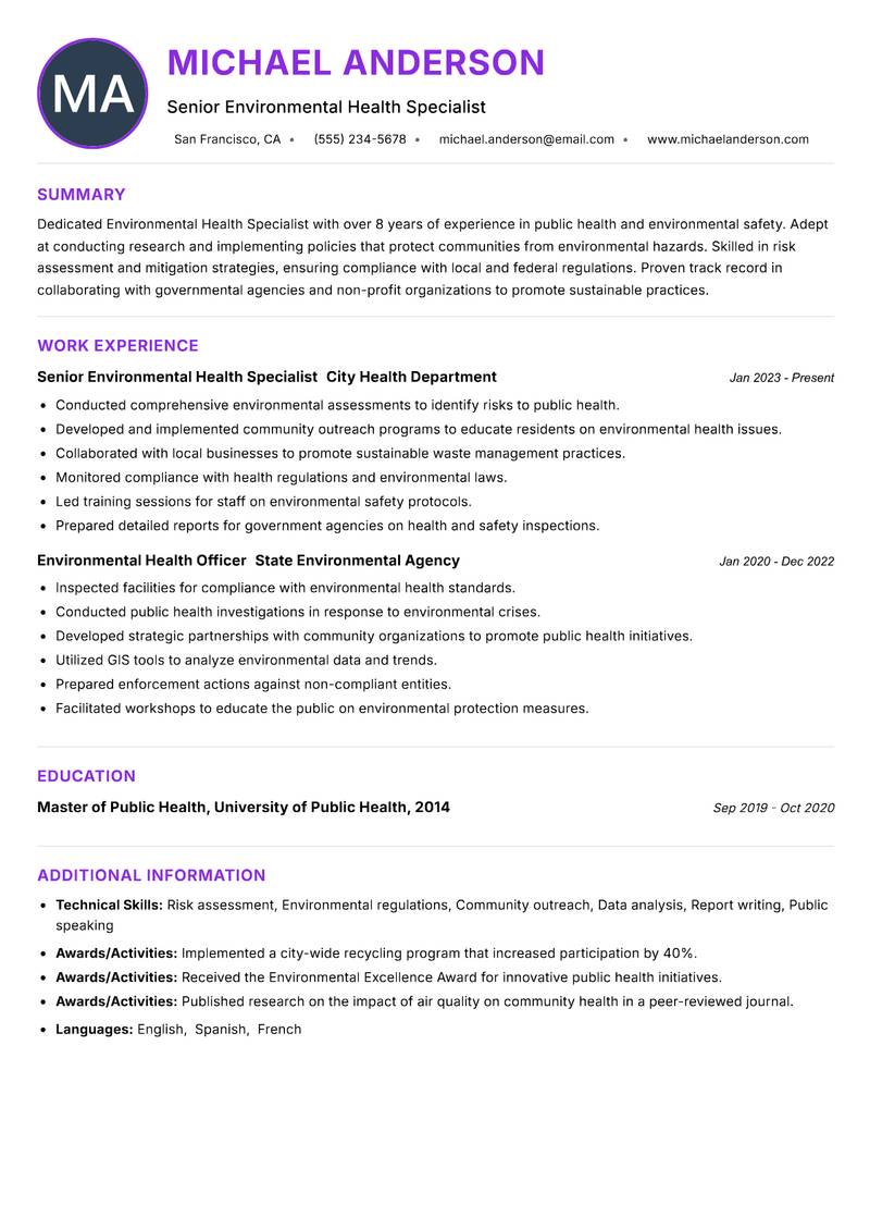 Environmental Health Specialist resume example — ATS-friendly template