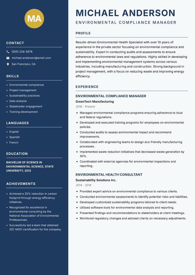 Environmental Health Specialist resume template — Classic Clean