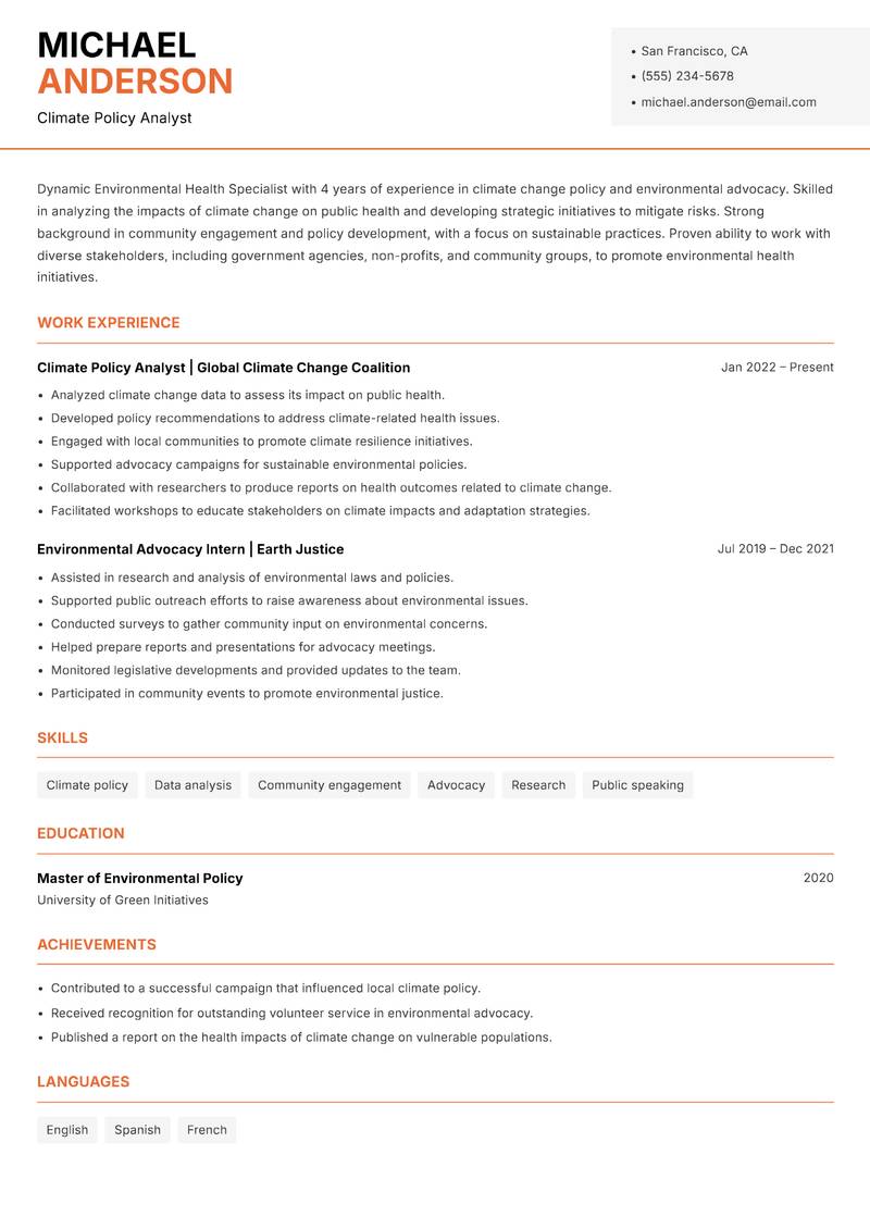 Environmental Health Specialist resume template — Modern Professional