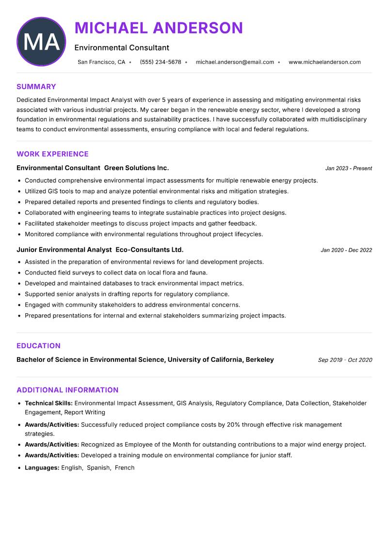 Environmental Impact Analyst resume example — ATS-friendly template