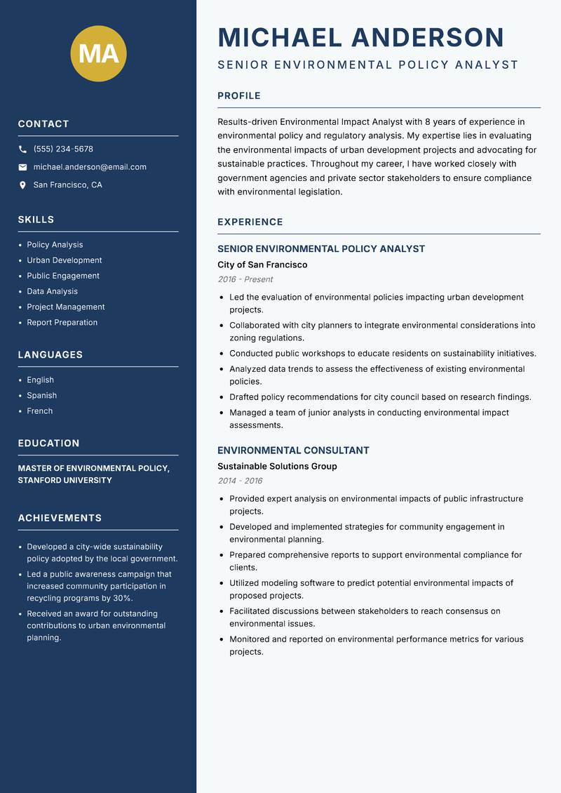 Environmental Impact Analyst resume template — Classic Clean